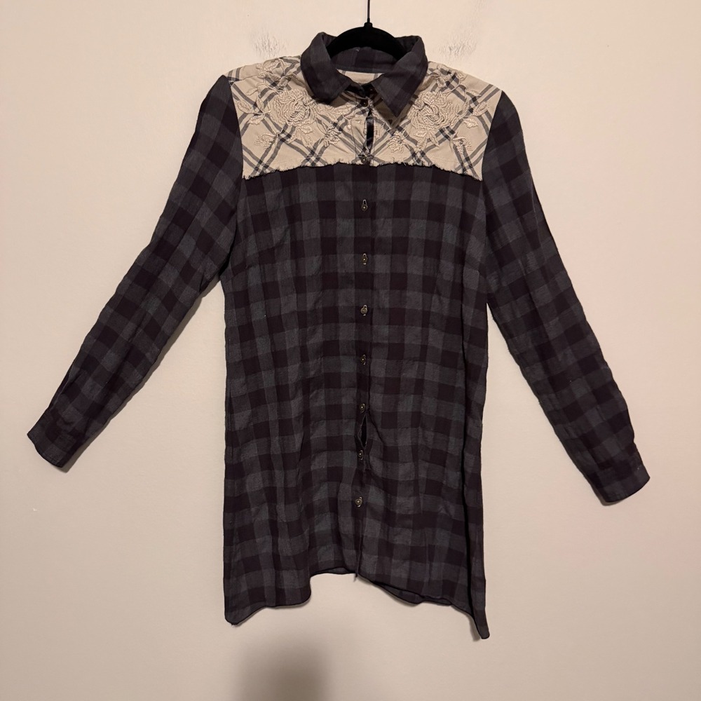 Johnny Was 3J Workshop XS Embroidered Plaid Button Down Tunic Shirt Boho